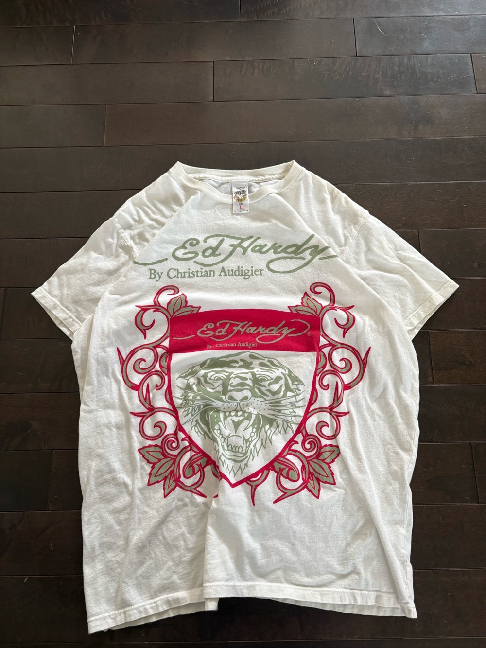 Ed Hardy White Short Sleeve Tee with Red Crest and Green Tiger Graphic